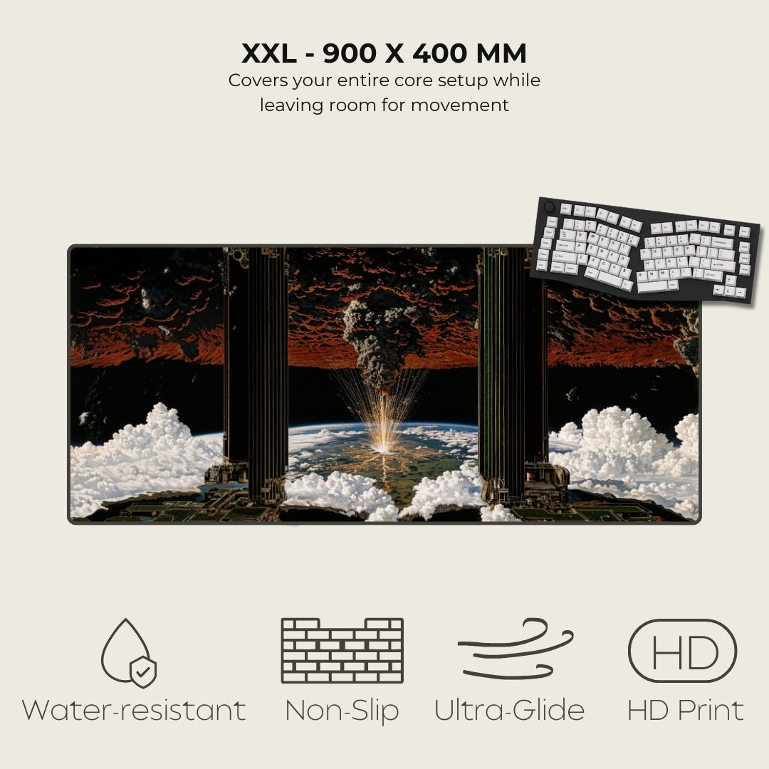 Large mousepad stand with scenic design, keyboard, and text on a white background