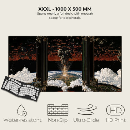 Large mousepad with space-themed design, keyboard, and product features on a white background