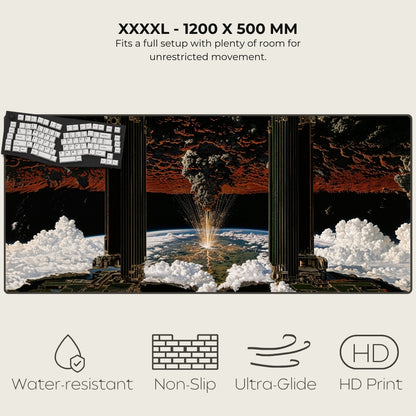 Large mousepad with space-themed design, featuring text and icons indicating features.