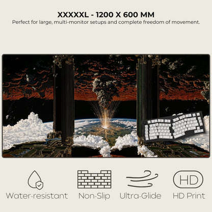 Large monitor setup with artistic design, keyboard, and text about size and features.