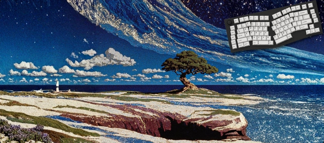 Mousepad of a landscape with a tree, lighthouse with a keyboard.