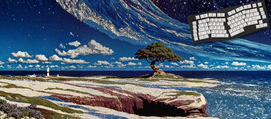 Mousepad of a landscape with a tree, lighthouse with a keyboard.