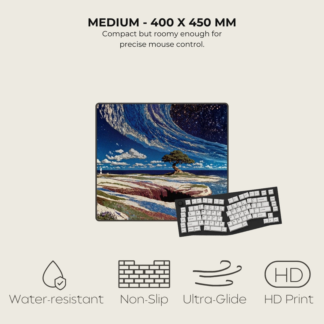 Keyboard mat with scenic design on a white background, featuring text and icons.