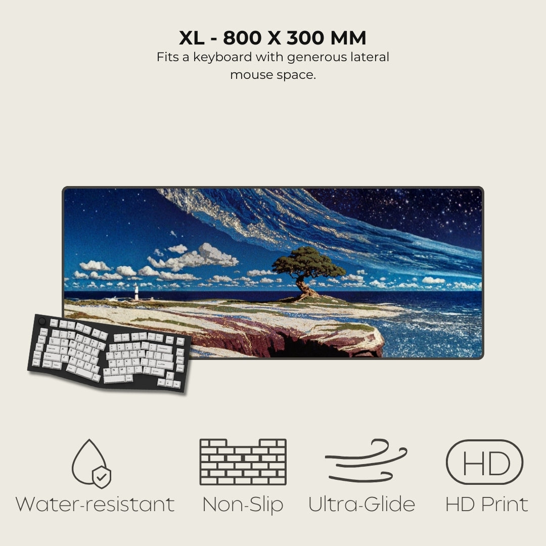 Large mouse pad with scenic design, keyboard, and product features on a light gray background