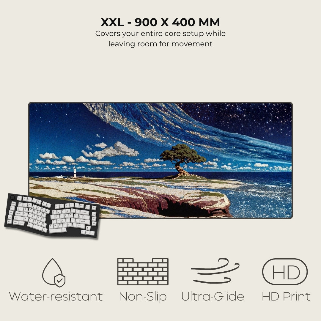 Large desk mat with scenic design, keyboard, and product features on a white background