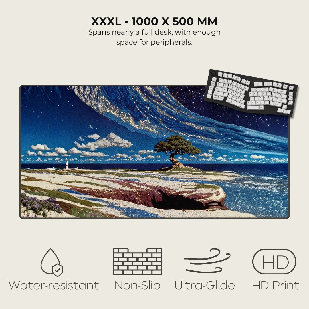 Large desk mat with scenic design and keyboard, featuring text on size and features.