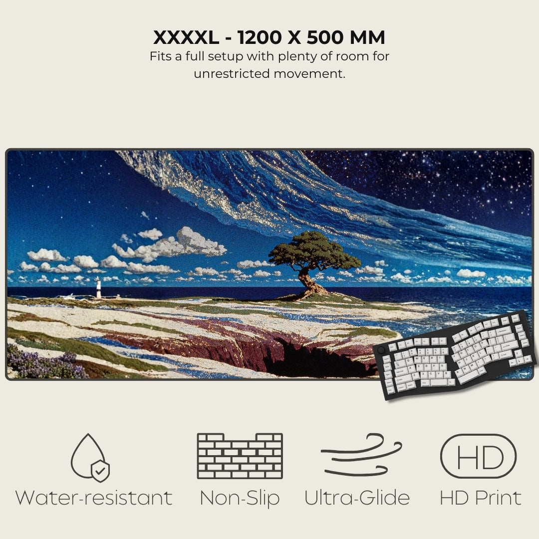 Large mouse pad with scenic design and keyboard, featuring text and icons indicating product features.