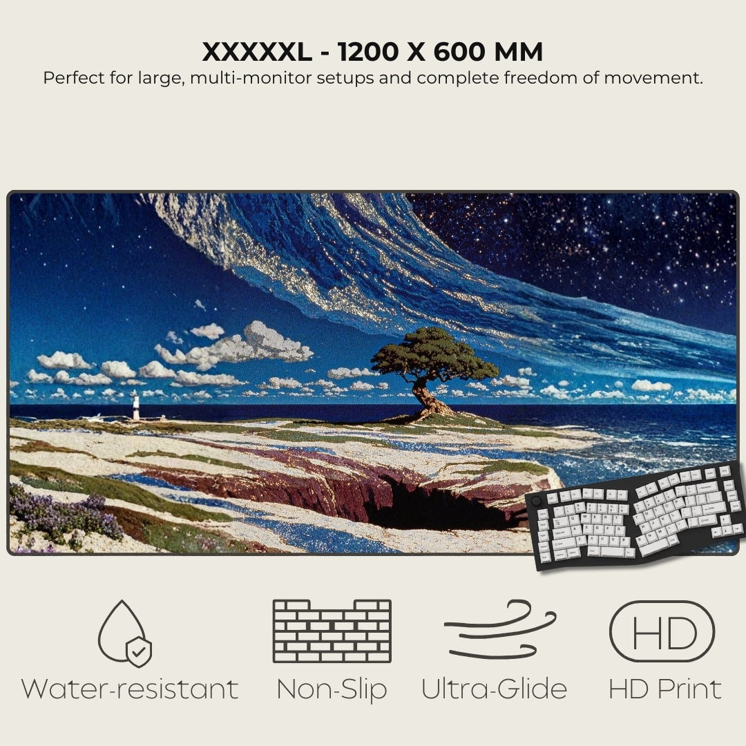 Large desk mat with scenic design and keyboard, featuring text and icons indicating product features.