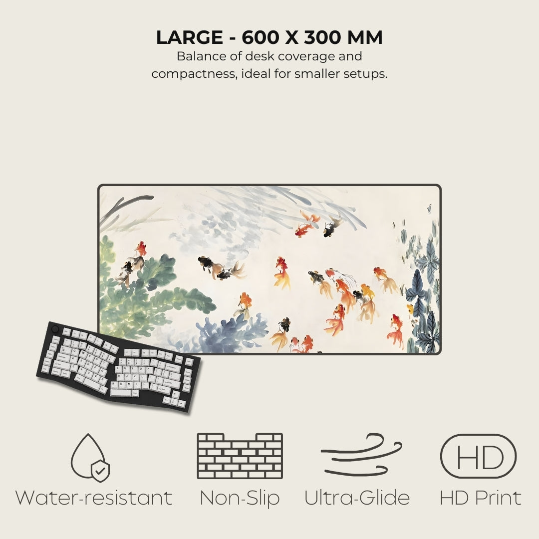 Large desk mat with fish design, keyboard, and features listed on a light gray background