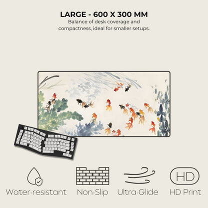 Large desk mat with fish design, keyboard, and features listed on a light gray background