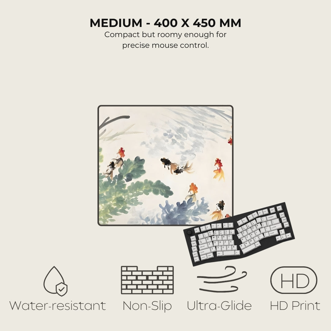 Artistic design of a mouse pad with a painting and a keyboard, featuring text on size and features.