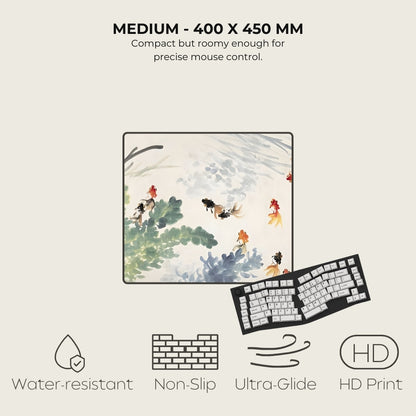 Artistic design of a mouse pad with a painting and a keyboard, featuring text on size and features.