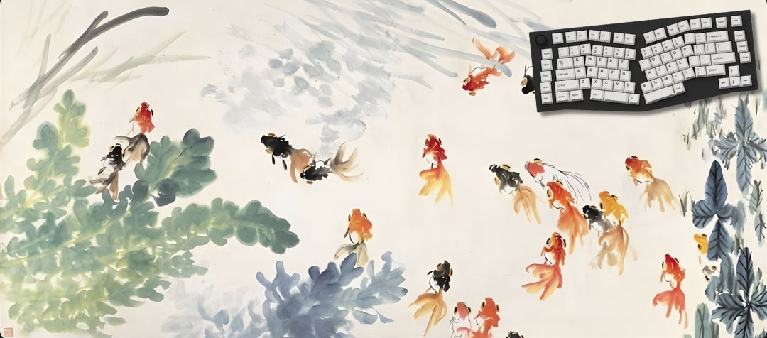 Artistic depiction of fish swimming in a natural setting with a keyboard in the corner.