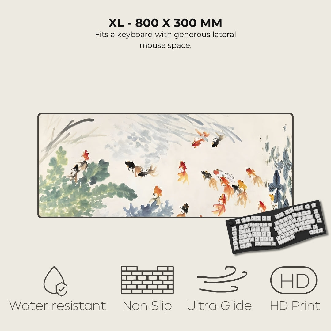 Large mouse pad with artistic design of people and animals, featuring a keyboard on a white background.