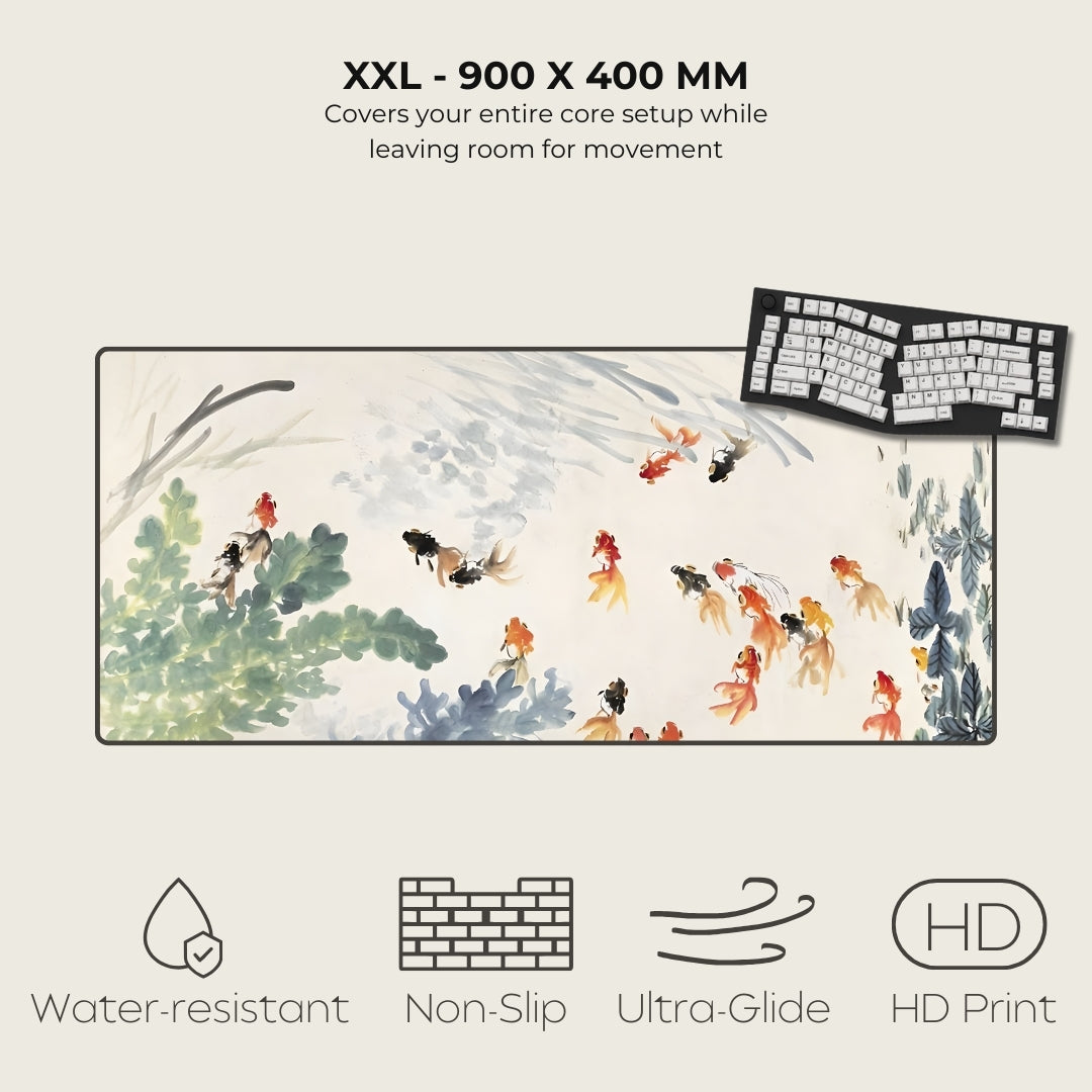 Large desk mat with fish design and keyboard, featuring text on size and features.