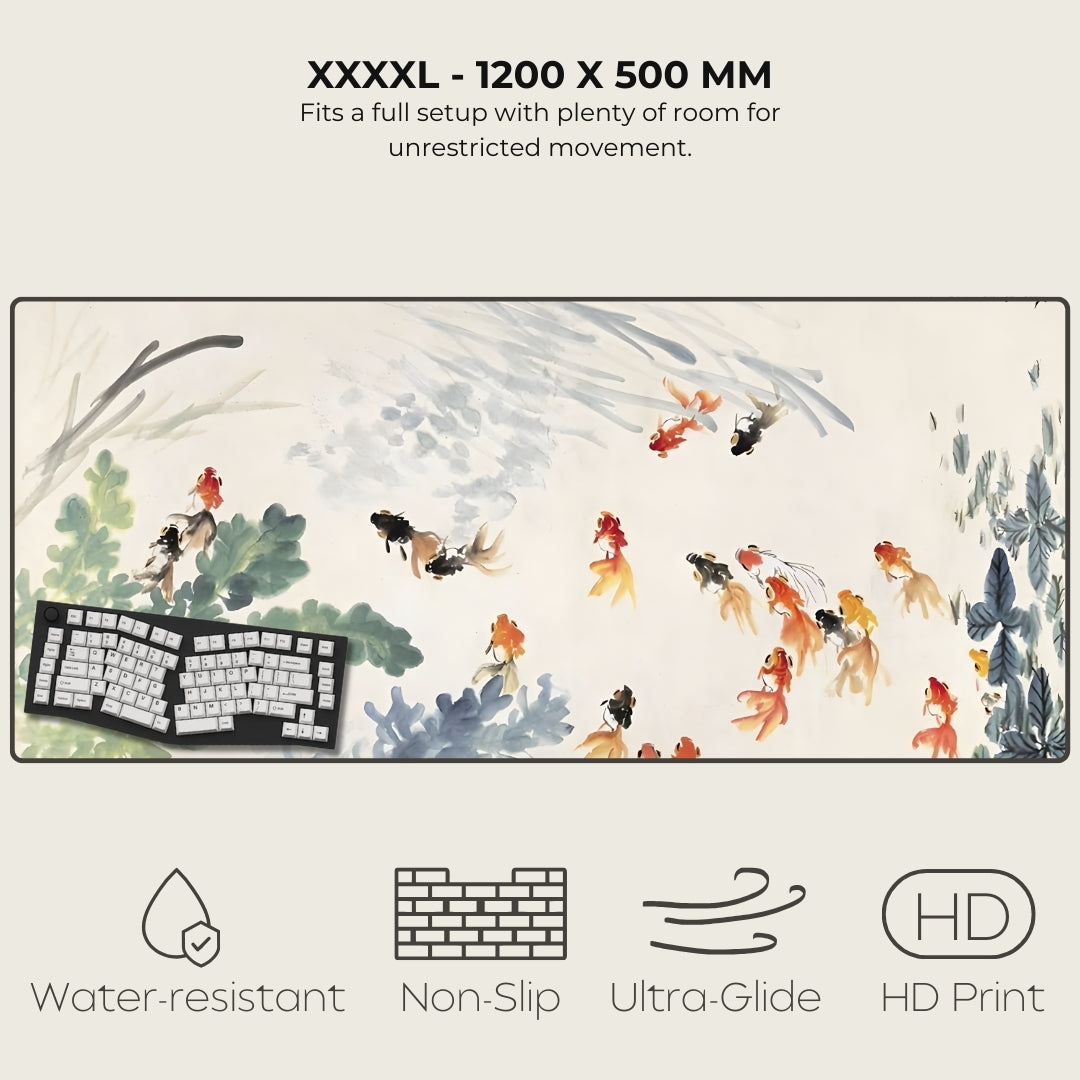 Large mouse pad with artistic design of fish and a keyboard, featuring text and icons indicating product features.