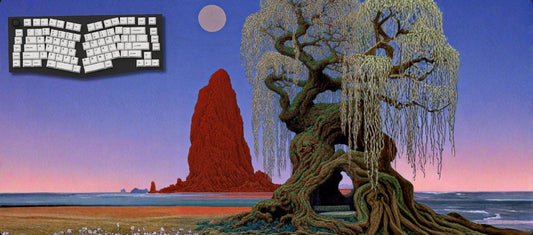 Scenic landscape with a large tree, rock formation, and keyboard on a black border