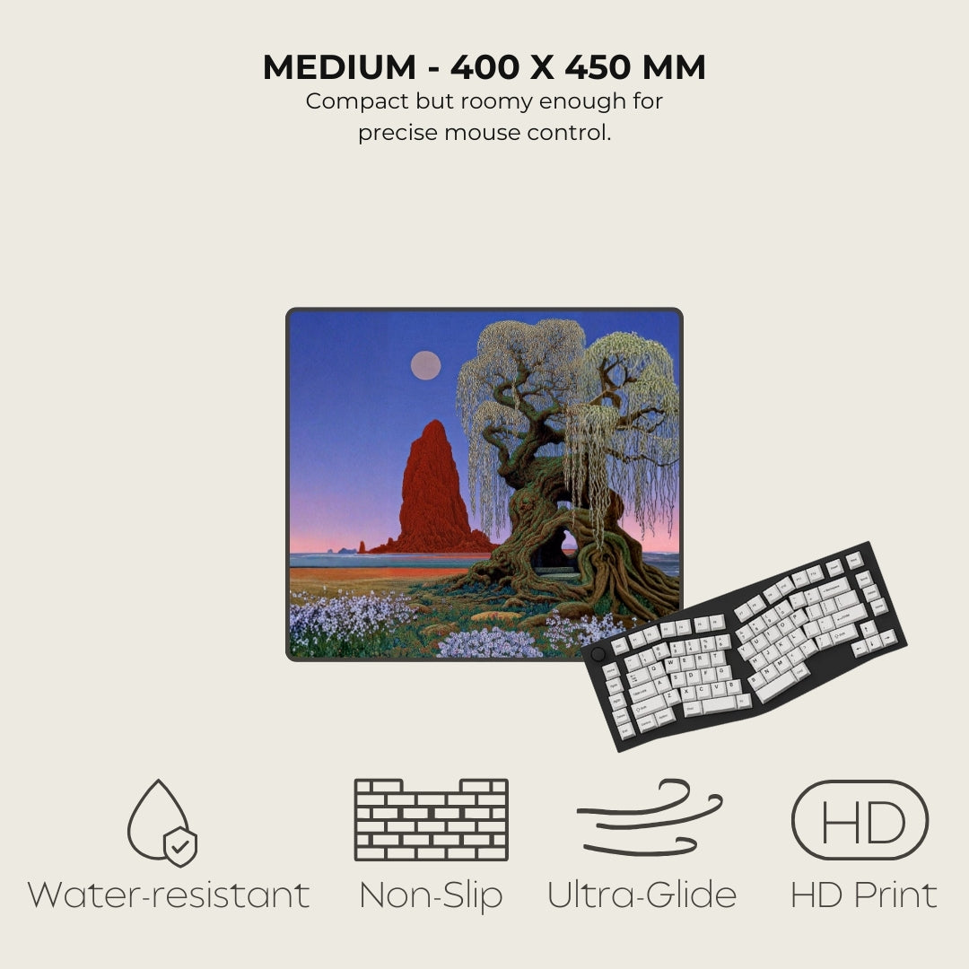 Mouse pad with scenic design and keyboard, featuring text and icons on a light background.