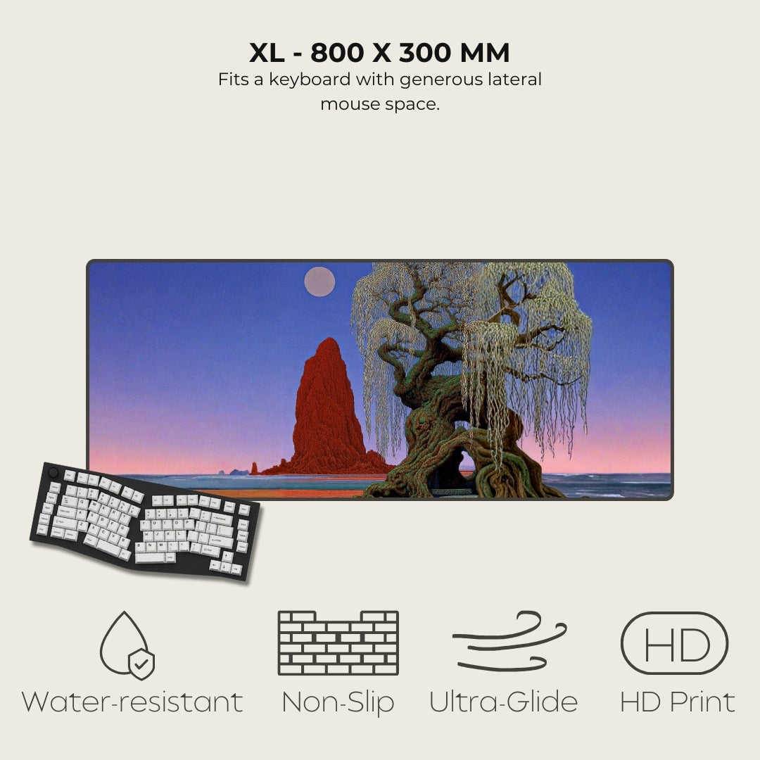 Large mousepad with scenic design, keyboard, and text about product dimensions and features.