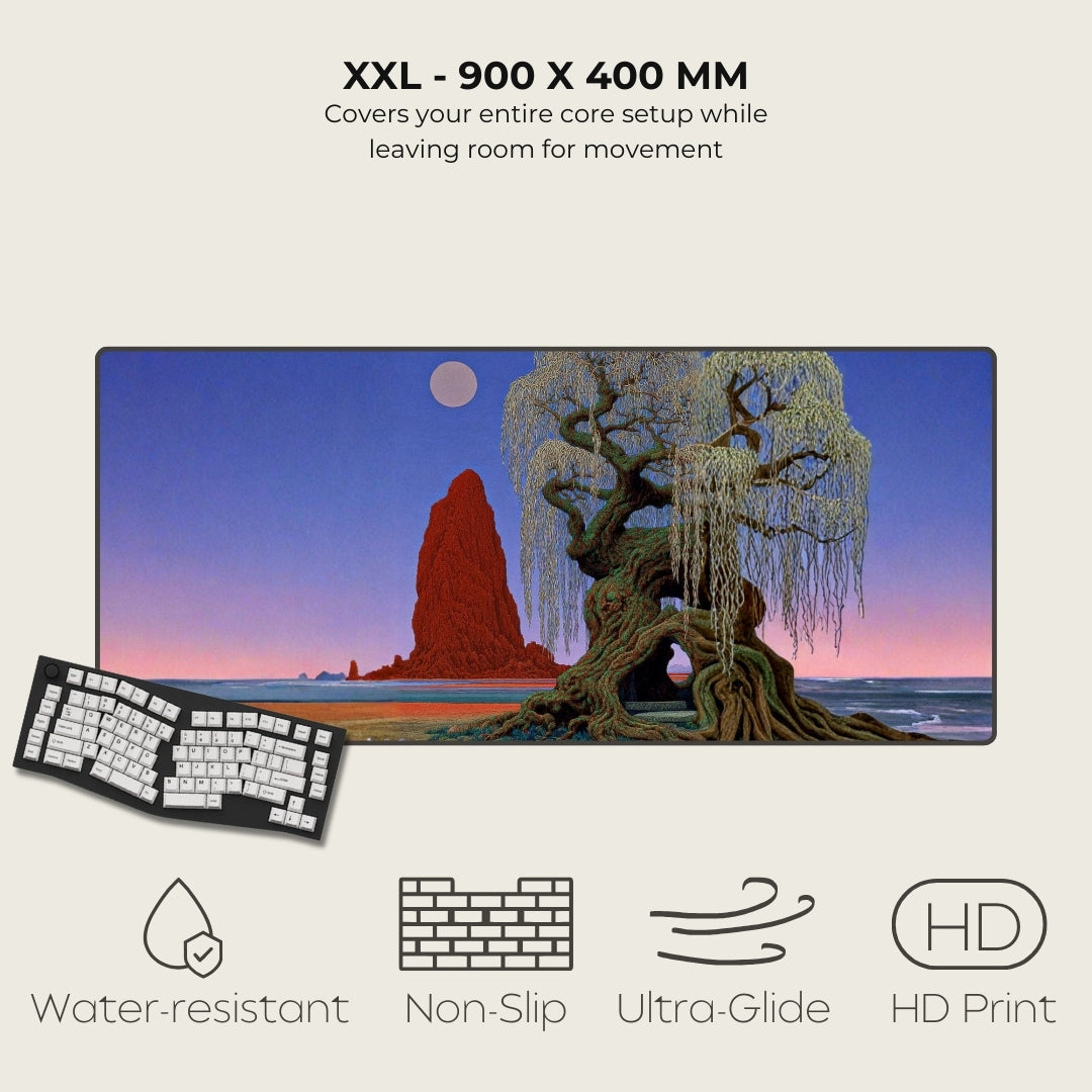 Large desk mat with scenic design, keyboard, and feature icons on a white background