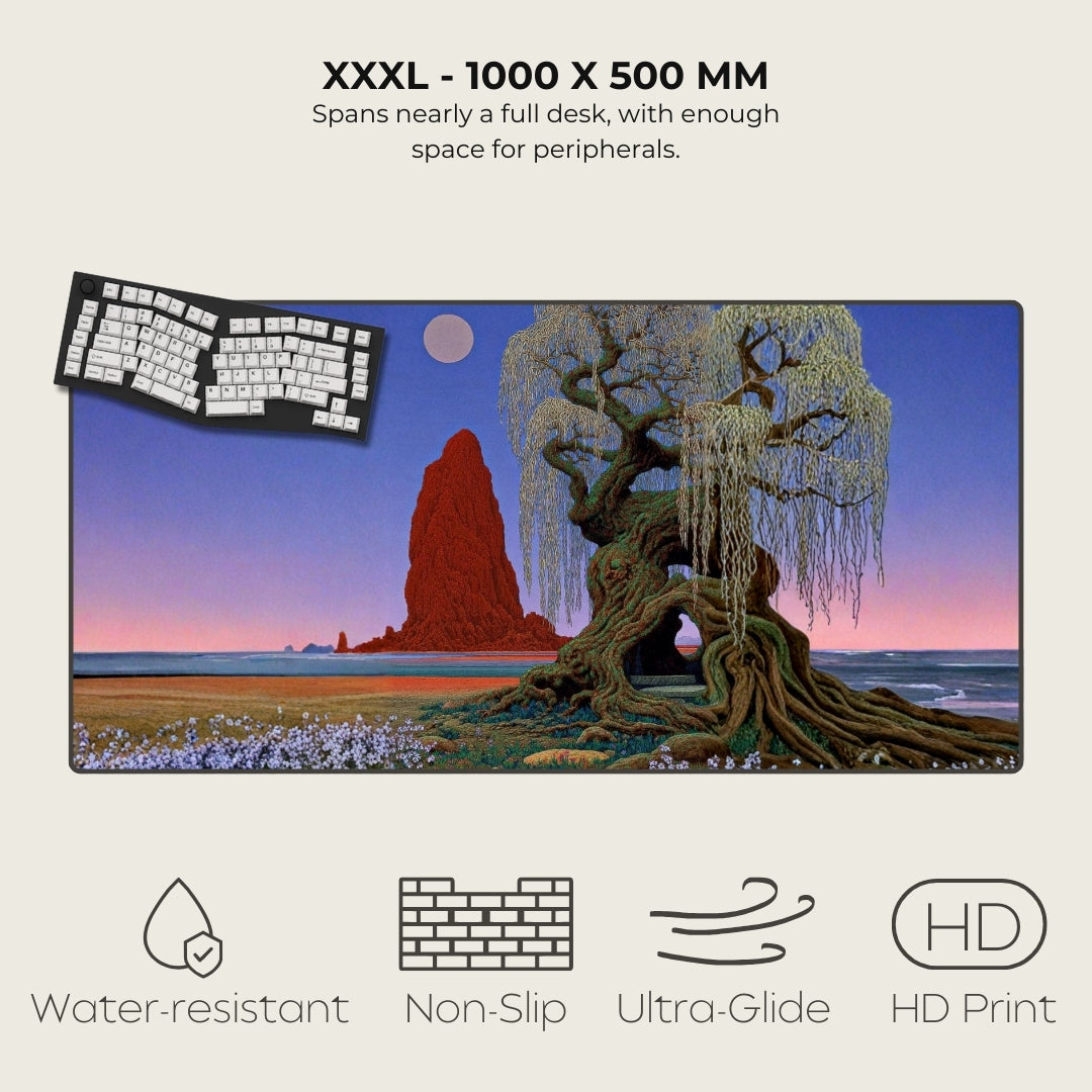 Large desk mat with nature design, keyboard on top, and product specifications.