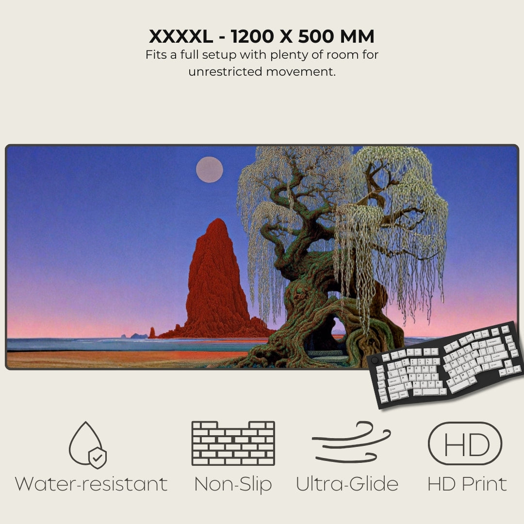 Wide desk pad with nature design, keyboard, and feature icons on a white background