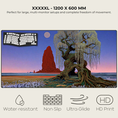 Large desk mat with nature design featuring a tree and rock formation, with text and icons indicating features.