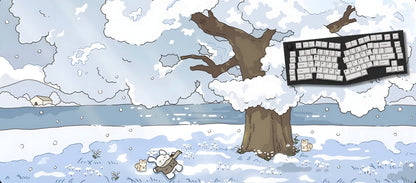 Winter scene with a tree and keyboard on a snowy landscape