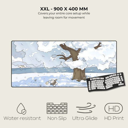Large mouse pad with a winter scene design, featuring a keyboard on a light gray background.