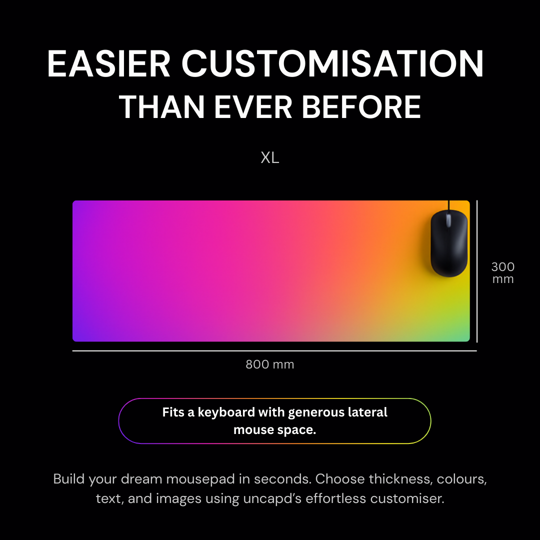 Colorful mouse pad with gradient design and text about customization on a black background