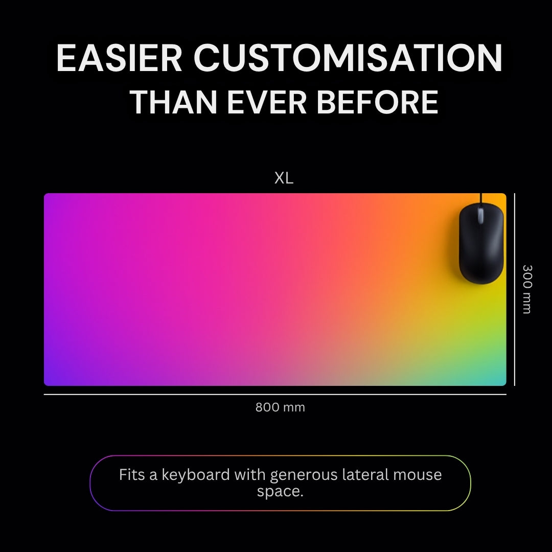 Colorful mouse pad with a mouse on a black background, text indicating easier customisation.
