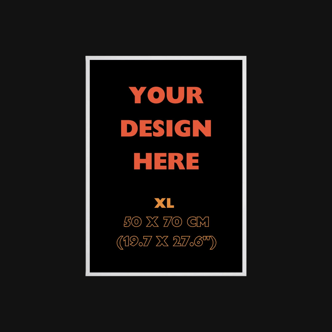 Placeholder design with text 'Your Design Here' and dimensions on a black background