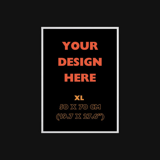 Placeholder design with text 'Your Design Here' and dimensions on a black background