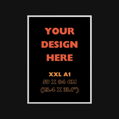 Placeholder design with text 'Your Design Here' and dimensions on a black background
