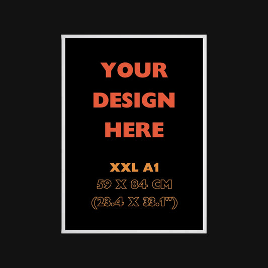 Placeholder design with text 'Your Design Here' and dimensions on a black background