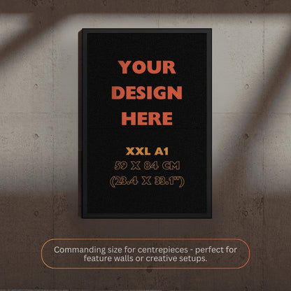 Black frame with customizable text on a textured wall background