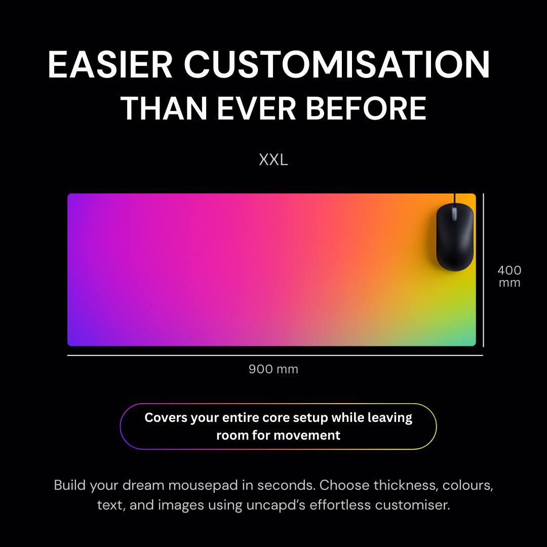 Colorful mouse pad with a gradient design, text about customization, and dimensions on a black background.