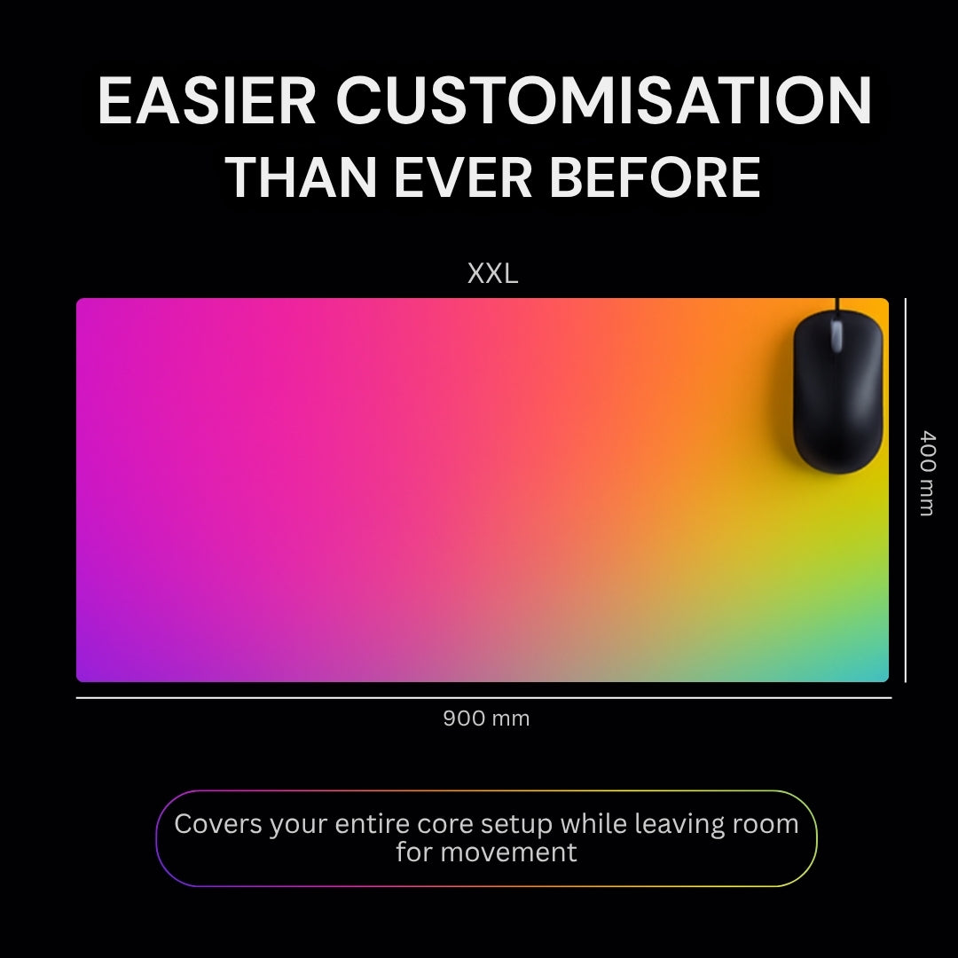 Colorful XXL mouse pad with a mouse on a black background, highlighting customization ease.