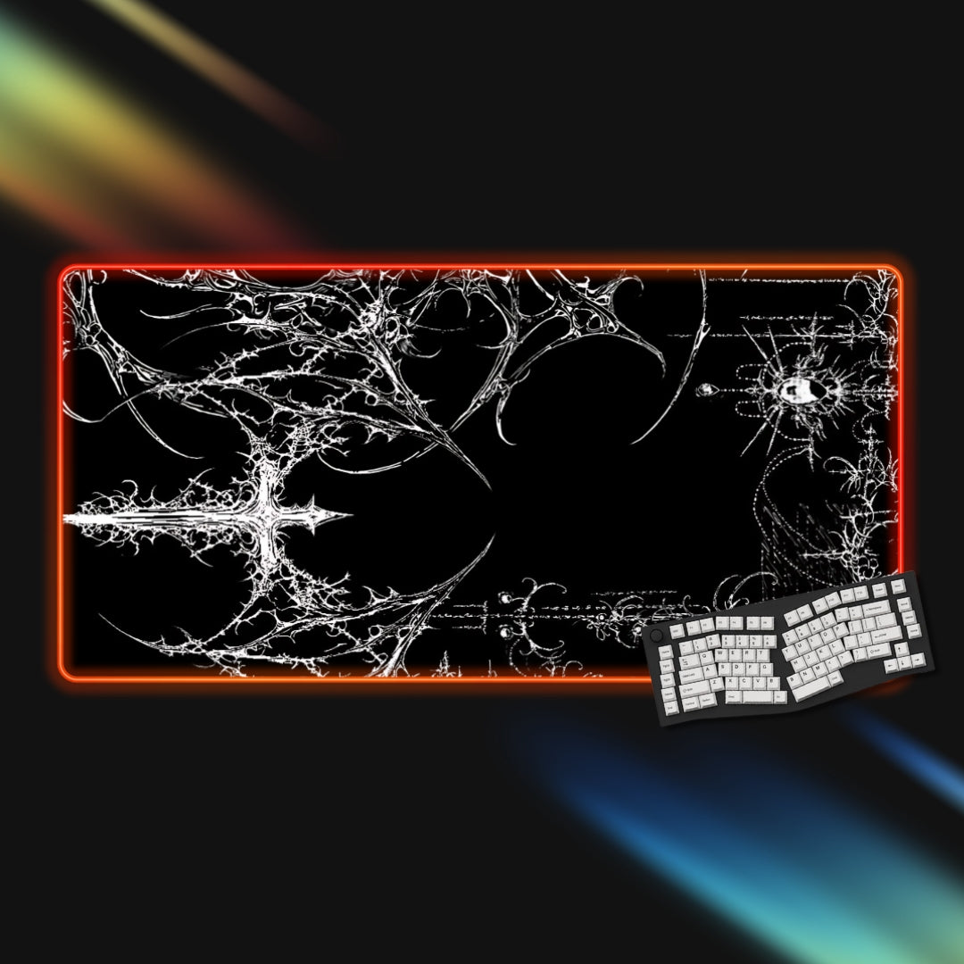 Gaming RGB mouse pad with fractal design and keyboard on a dark background