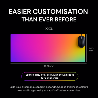 XXXL mouse pad with gradient color design and text about customization on a black background