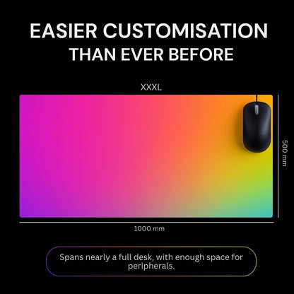 Colorful mouse pad with gradient design and a mouse on a black background, text indicating easier customisation.