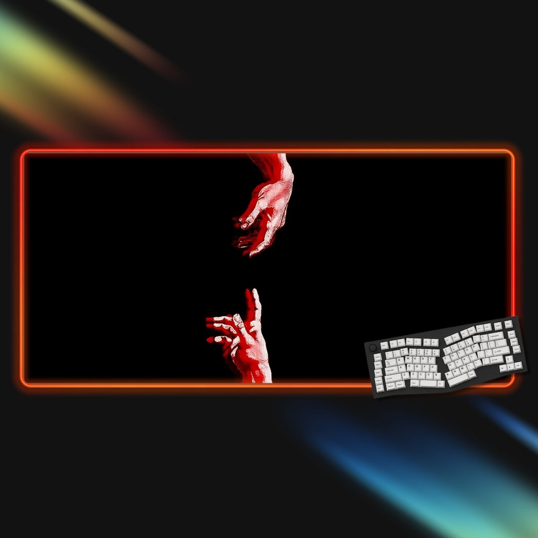 Gaming  RGB mouse pad with a black background, red border, and a keyboard on a dark surface.