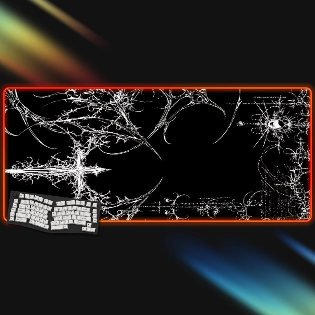 Large black and white abstract RGB design mouse pad with red border on a dark background