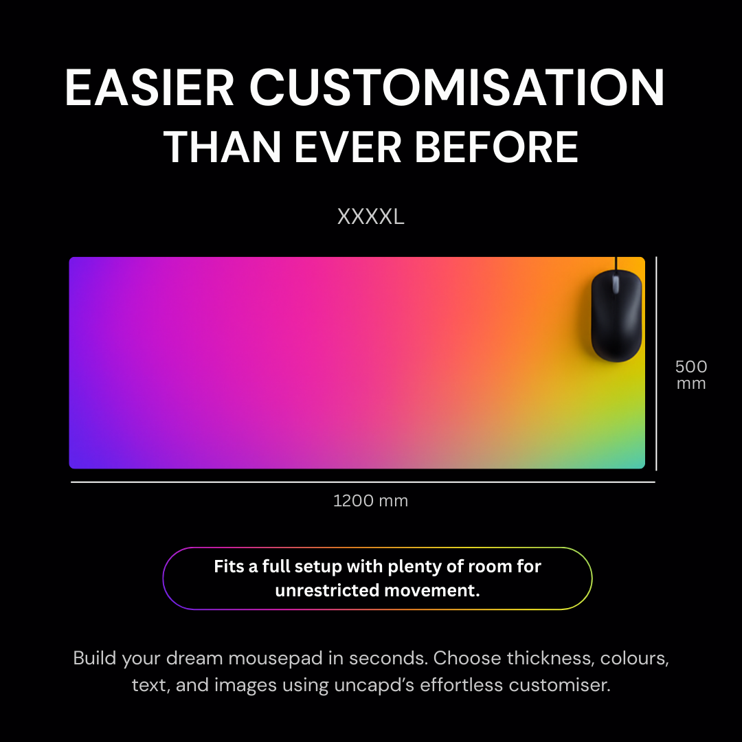Colorful mouse pad with gradient design on a black background, featuring text about customization options.