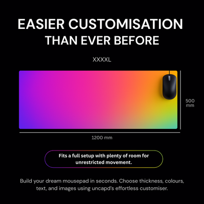 Colorful mouse pad with gradient design on a black background, featuring text about customization options.