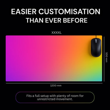 Colorful mouse pad with gradient design and text about customization, size, and features.