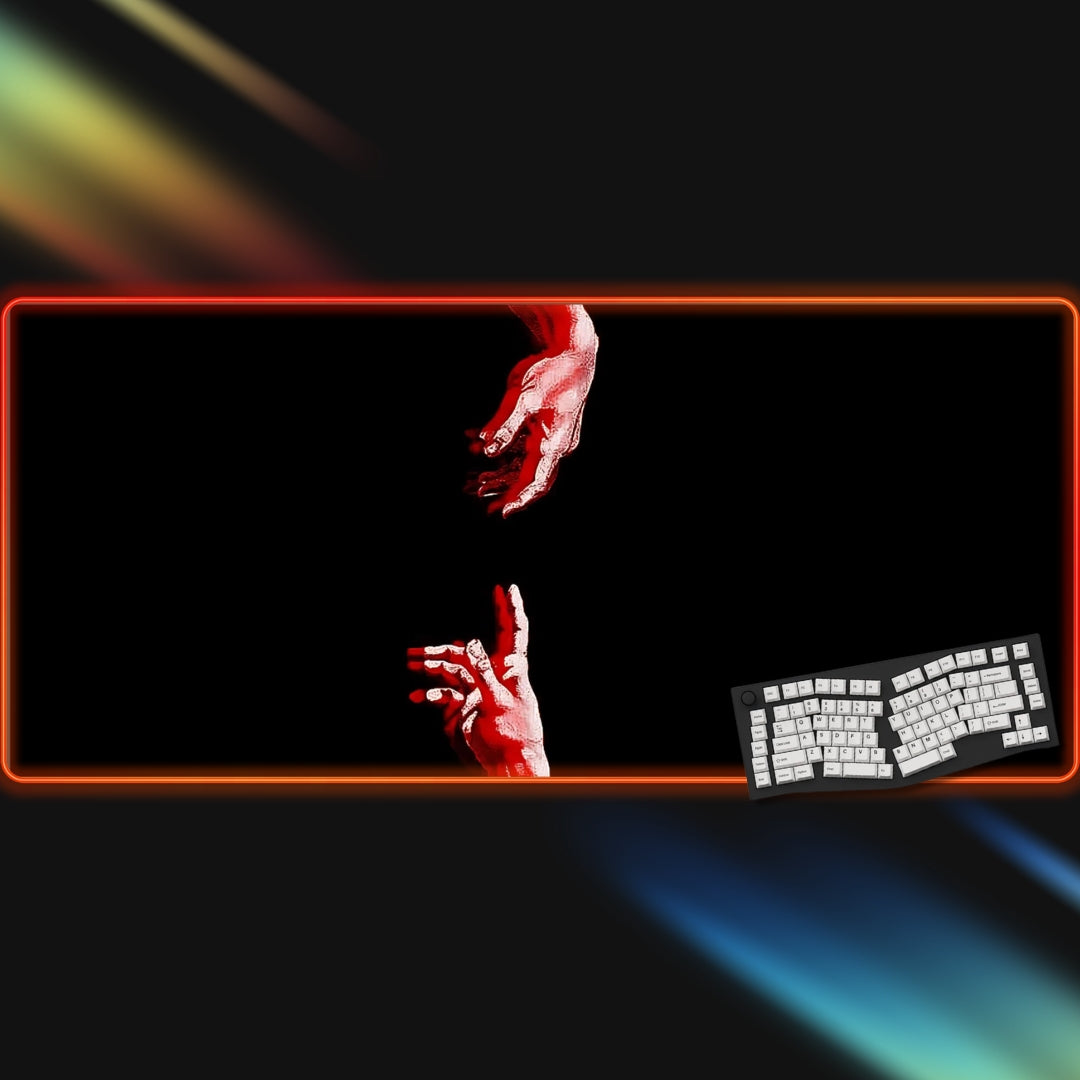 Gaming RGB mouse pad with red hands reaching towards a keyboard on a dark background