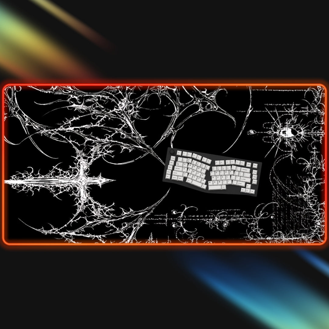Gaming RGB mouse pad with keyboard design on a dark background