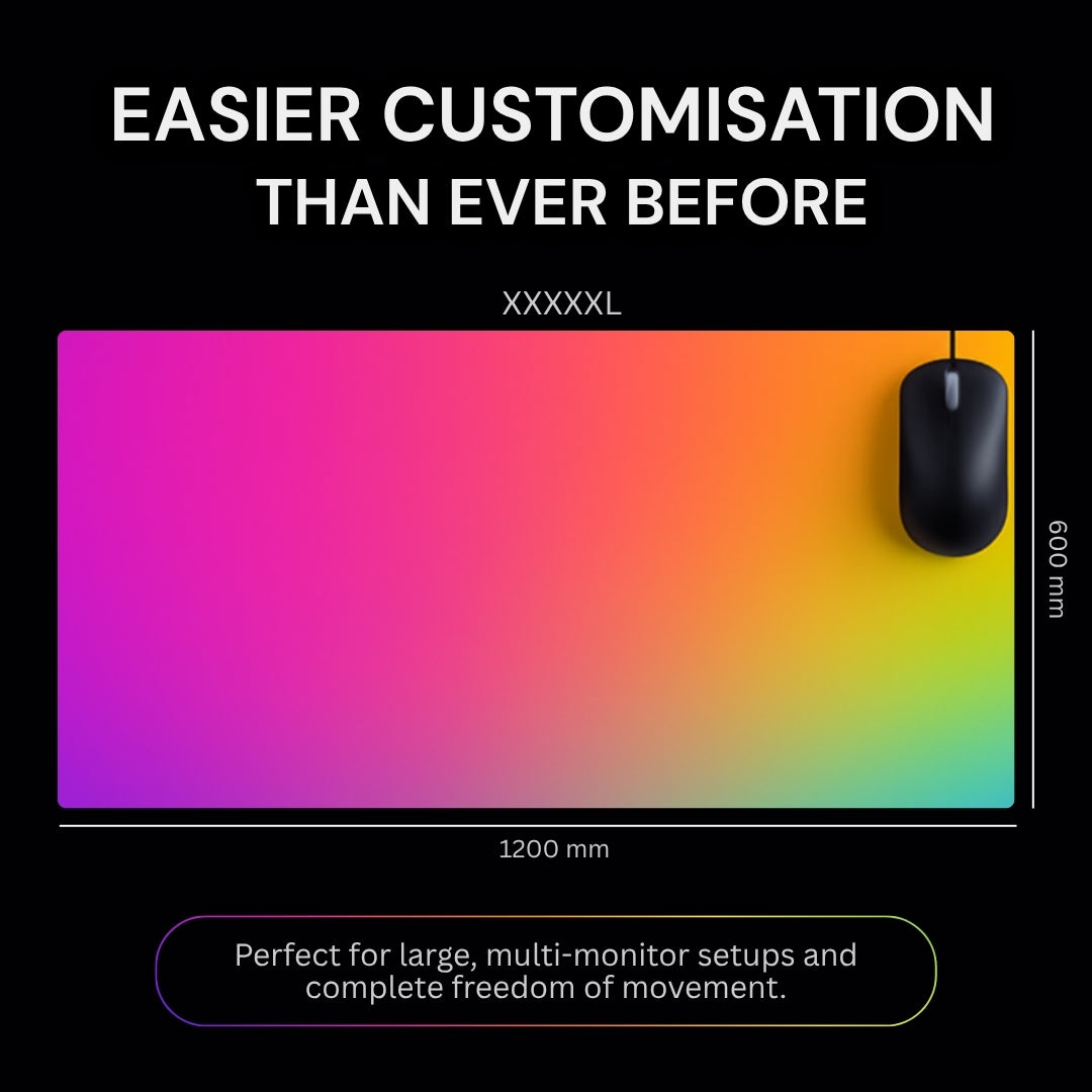 Colorful mouse pad with gradient design and text about customization and size.
