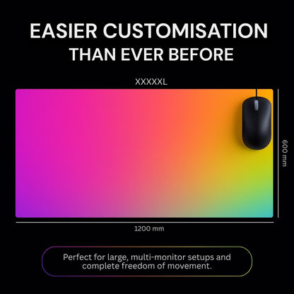 Colorful mouse pad with gradient design and text about customization and size.